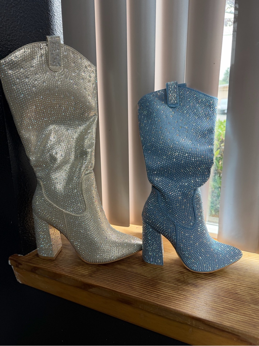 Rhinestone Embellished Mid-Calf Heeled Boots - Bluebling boots